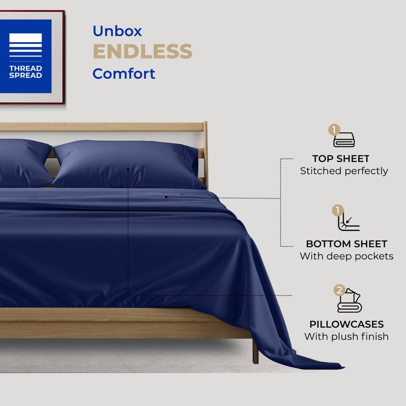 THREAD SPREAD 100% Cotton Queen Sheets Set - 400 Thread Count Queen Size Sheets (4 PC, Navy Blue), 16" Deep Pocket All Around Elastic, Soft, Cooling, Durable & Breathable Sateen Weave Bed Sheet Set - Image 3